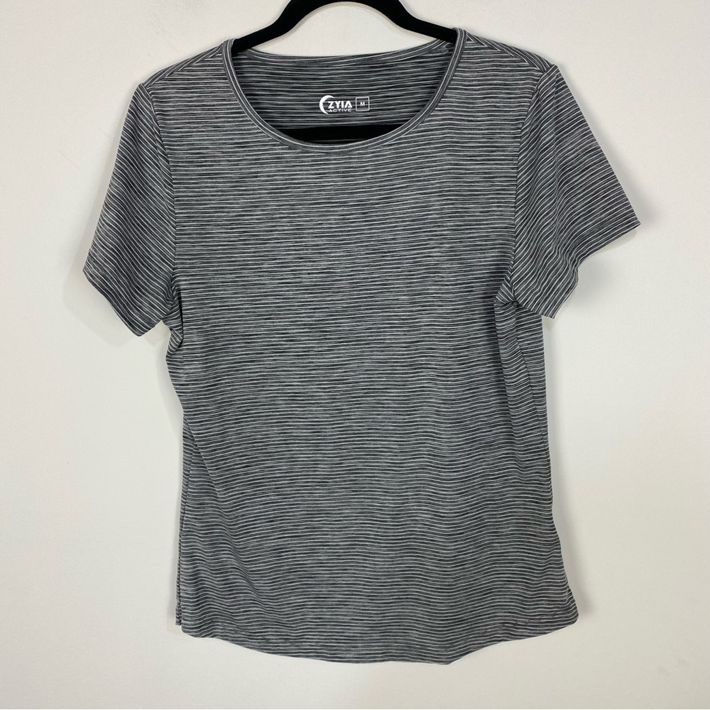 Zyia Grey Striped Short Sleeve Activewear Workout Athletic Running